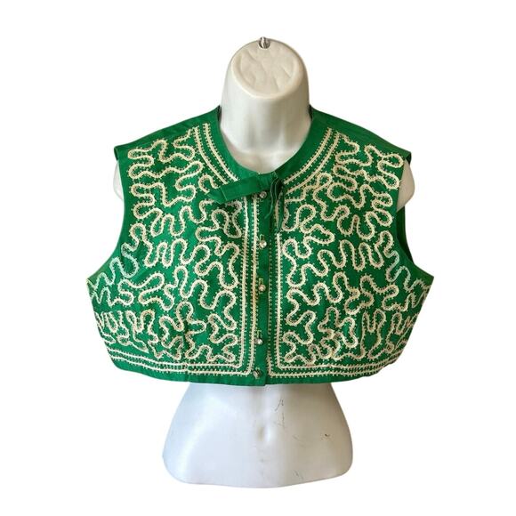 Vtg Green Crop Blouse Sleeveless Cream Embroidered Trim Homemade Sz Sm - Picture 1 of 9